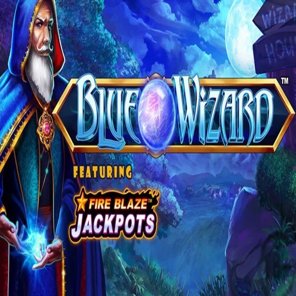 Blue Wizard Fire Blaze Jackpots logo by Rarestone Gaming Stake Casino
