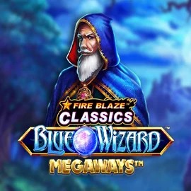 Fire Blaze Blue Wizard Megaways slot logo by Rarestone Gaming at Stake Casino